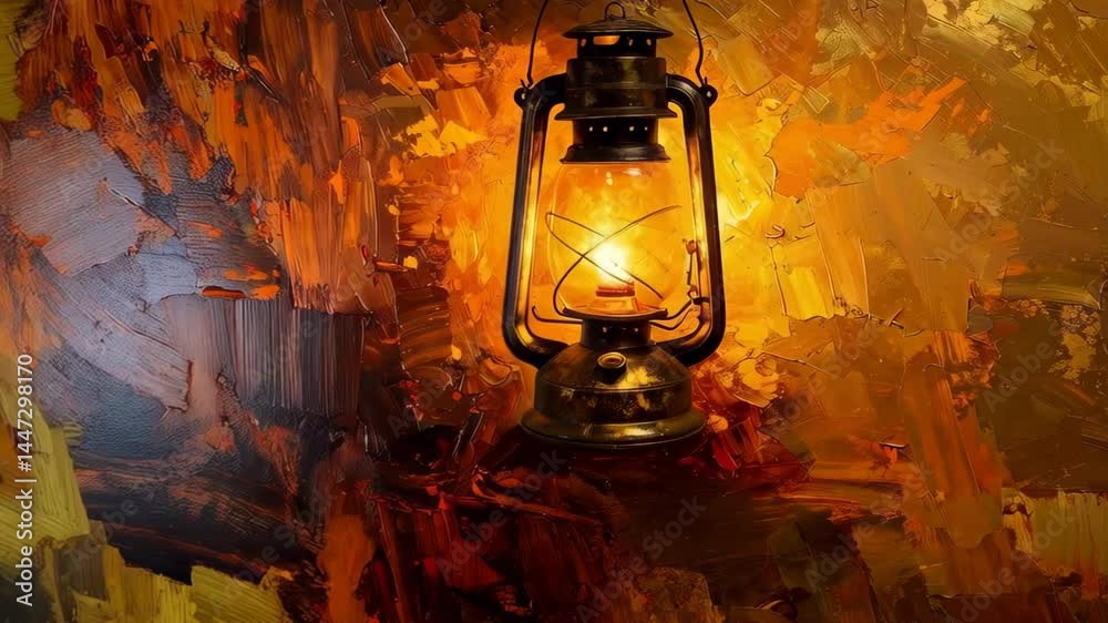 Glowing Vintage Oil Lantern on Warm Painted Background Rustic Still Life Image