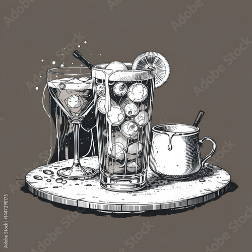 black and white engrave isolated drink set illustration