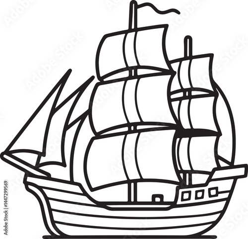 sailing ship line art, black outline, vector and illustration, coloring book page line art drawing