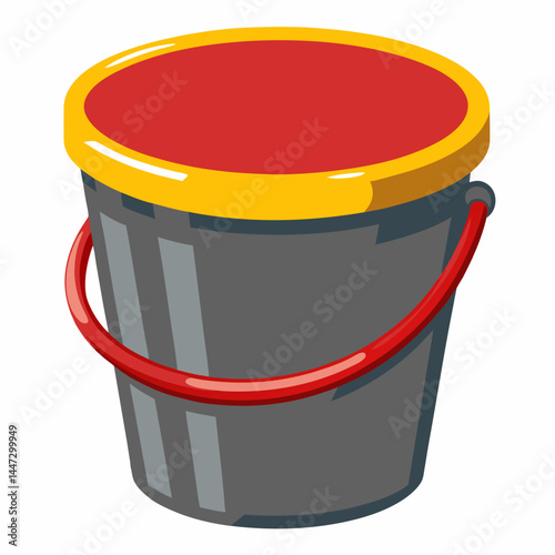 Colorful utility bucket with red lid against a white background  