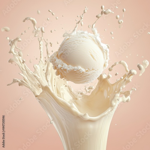 Creamy vanilla ice cream ball in a splash of milk