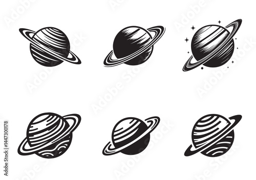 Planet Saturn with planetary ring silhouette Vector Set isolated on white background