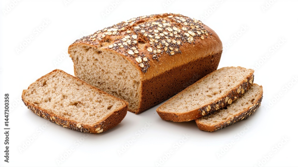 Whole Grain Bread Loaf with Slices on White Background whole grain bread sliced bread seeded bread Whole Grain Bread Loaf with Slices on White Background whole grain bread sliced bread seeded bread
