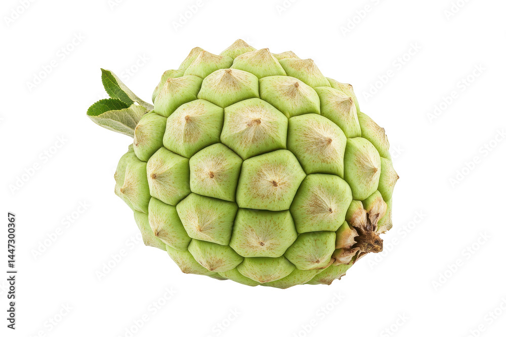 Fototapeta premium Single, whole, light green fruit with a bumpy, geometric pattern is shown in a close-up shot.