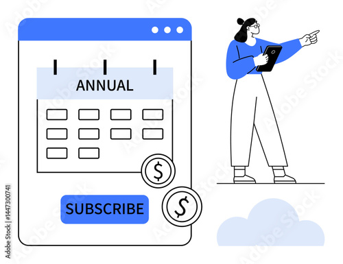 Woman holding tablet and gesturing near subscription calendar interface with dollar coins and subscribe button. Ideal for finance, e-commerce, subscription, planning, pricing, app UI, simple landing