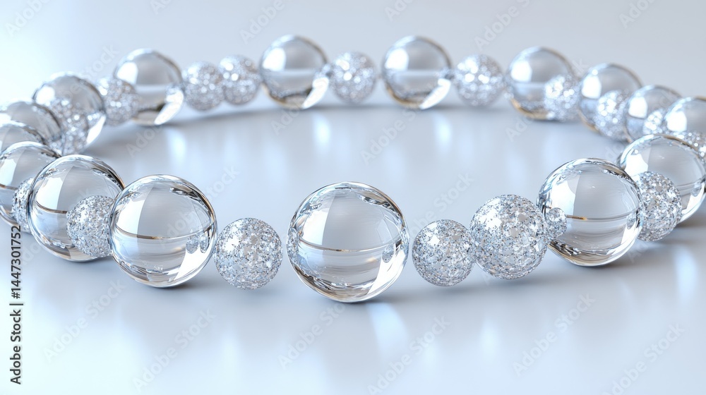 Spherical beads, some clear, others sparkle, strung in a circle on bright white background Spherical beads, some clear, others sparkle, strung in a circle on bright white background