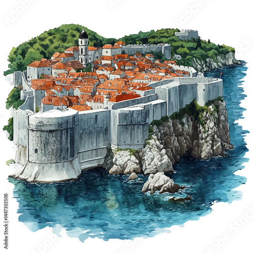 Old City Walls Of Dubrovnik, vector watercolor illustration, isolated on a white background.