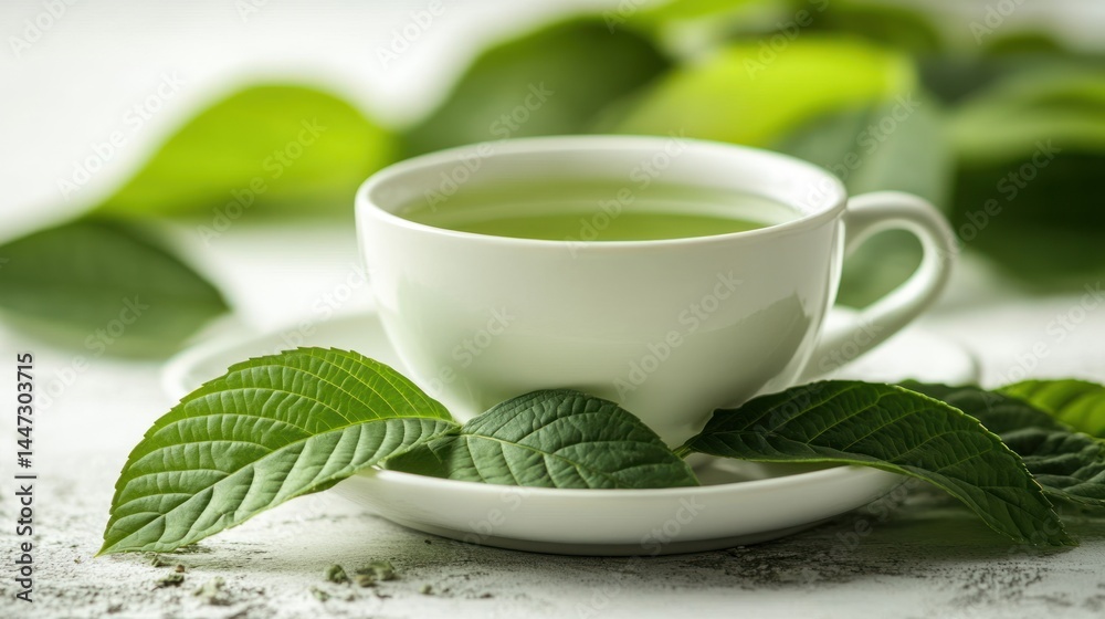 A white cup of green tea rests on a saucer with fresh leaves A white cup of green tea rests on a saucer with fresh leaves
