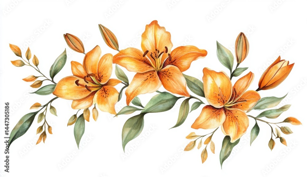 Obraz premium Watercolor Orange Lilies and Green Leaves Horizontal Arrangement