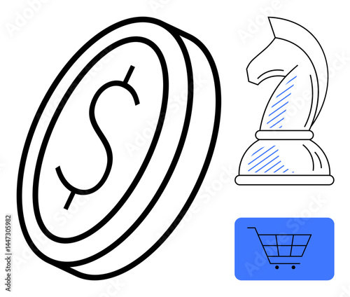 Dollar coin, chess knight, and blue shopping cart icon representing financial planning, strategic decision-making, and online commerce. Ideal for business, investment, strategy, marketing