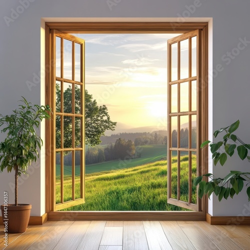 Sunrise Over Rolling Hills Viewed Through an Open Window