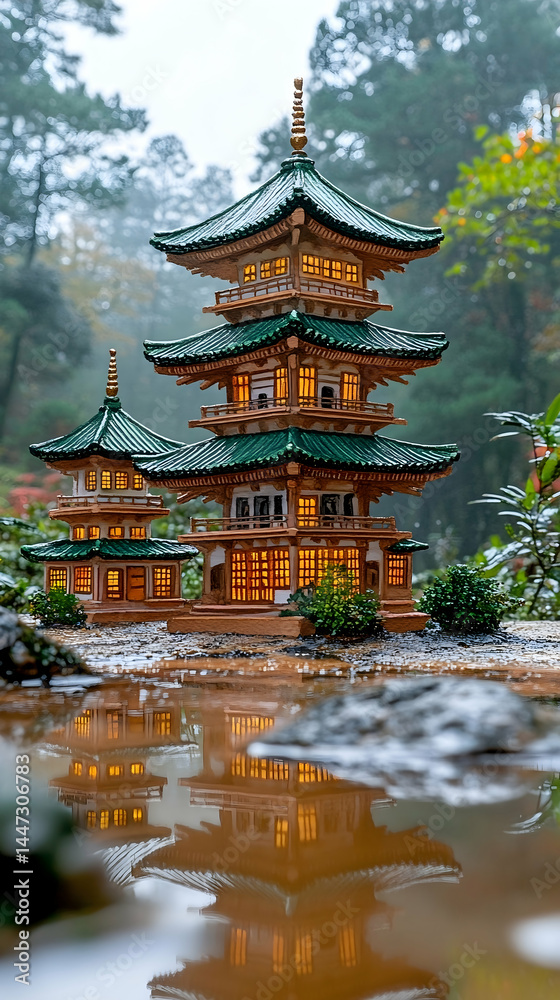 Obraz premium Wooden pagoda in a misty Japanese garden, reflected in a still pond. Detailed structure, serene ambiance