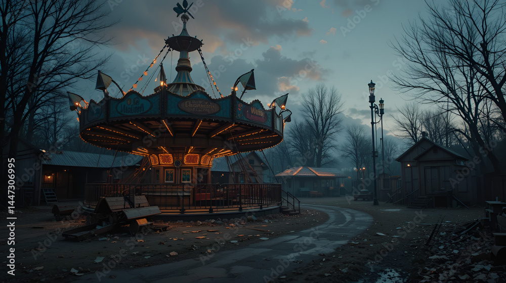 Obraz premium Abandoned fairground with broken rides and flickering lights, haunted Halloween fun, spooky carnival atmosphere