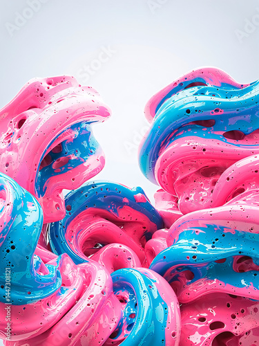 Colorful foam background. Seamless blend of bubblegum pink, azure blue, and bright white foam, partially mixed to create organic, swirling patterns with soft transitions and crisp, defined textures