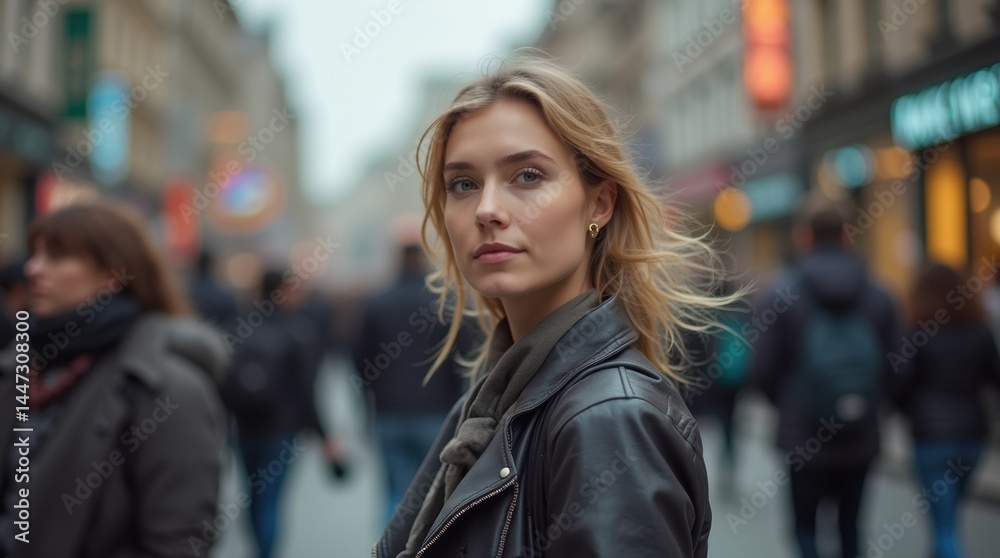 Fototapeta premium Woman stands still in busy city crowd, blur of movement, individuality amid chaos. 