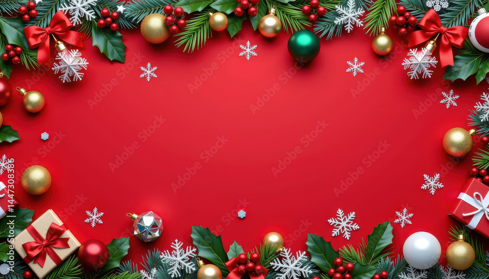 Festive Red Frame: A vibrant red backdrop is adorned with a celebratory arrangement of seasonal decorations, creating a captivating frame for your message. Festive Red Frame: A vibrant red backdrop is adorned with a celebratory arrangement of seasonal decorations, creating a captivating frame for your message.