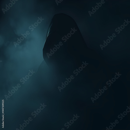 A shadowy figure with a skull face emerges from a dark mist.