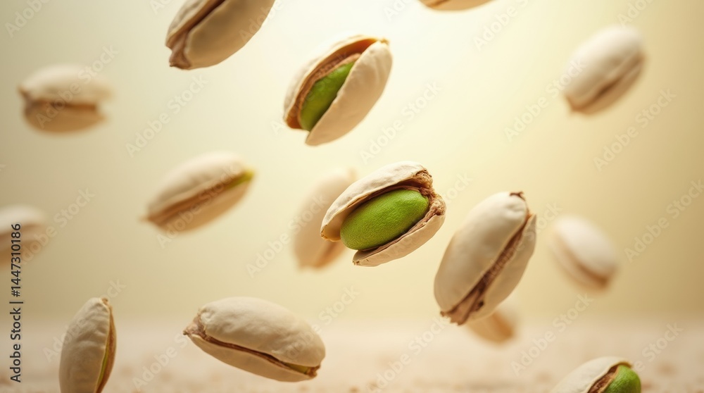 A variety of pistachios, whole and shelled, in mid-air. A light beige background complements the light brown, shelled nuts, and the vibrant green inner shell pieces A variety of pistachios, whole and shelled, in mid-air. A light beige background complements the light brown, shelled nuts, and the vibrant green inner shell pieces