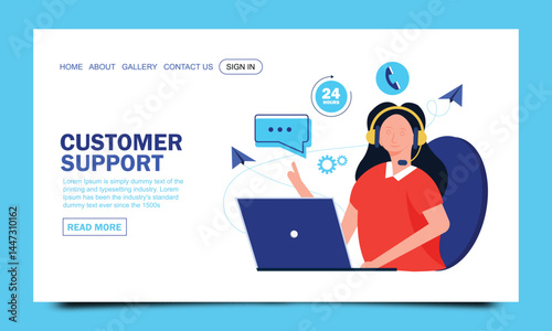 Customer support landing page template. Woman with headphones and microphone with computer talking with clients