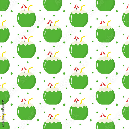 Seamless pattern with coconut drink.Young coconut water, tropical fruit repeat pattern isolated on white background.Summer, beach vector graphic illustration wallpaper.