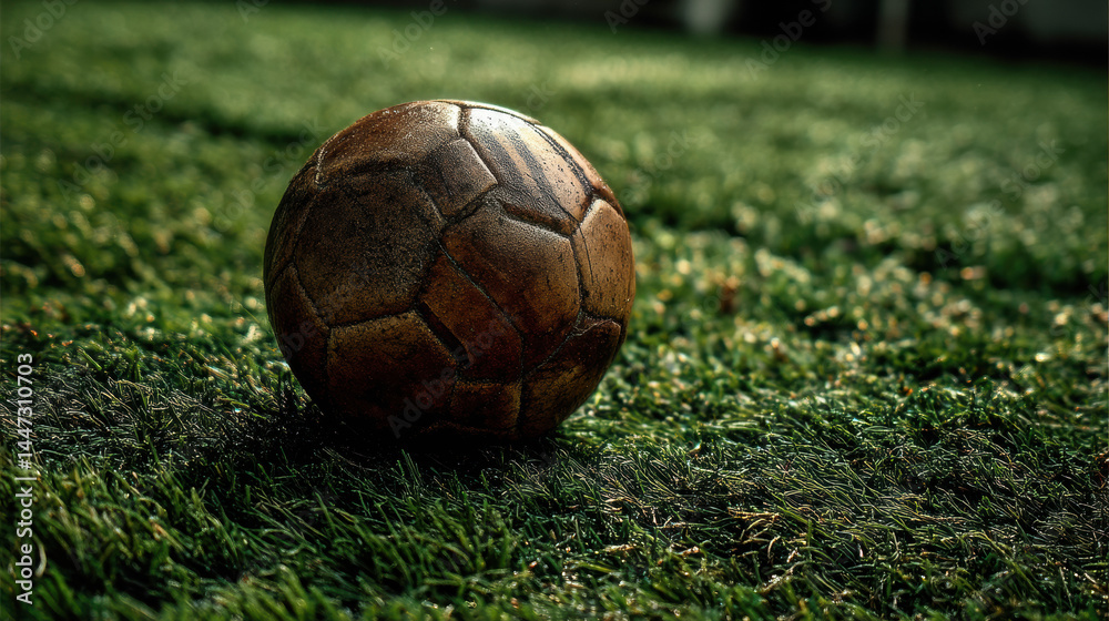Fototapeta premium A worn and textured leather soccer ball rests on vibrant green artificial turf, showcasing the game's history and the contrast of old and new technology.