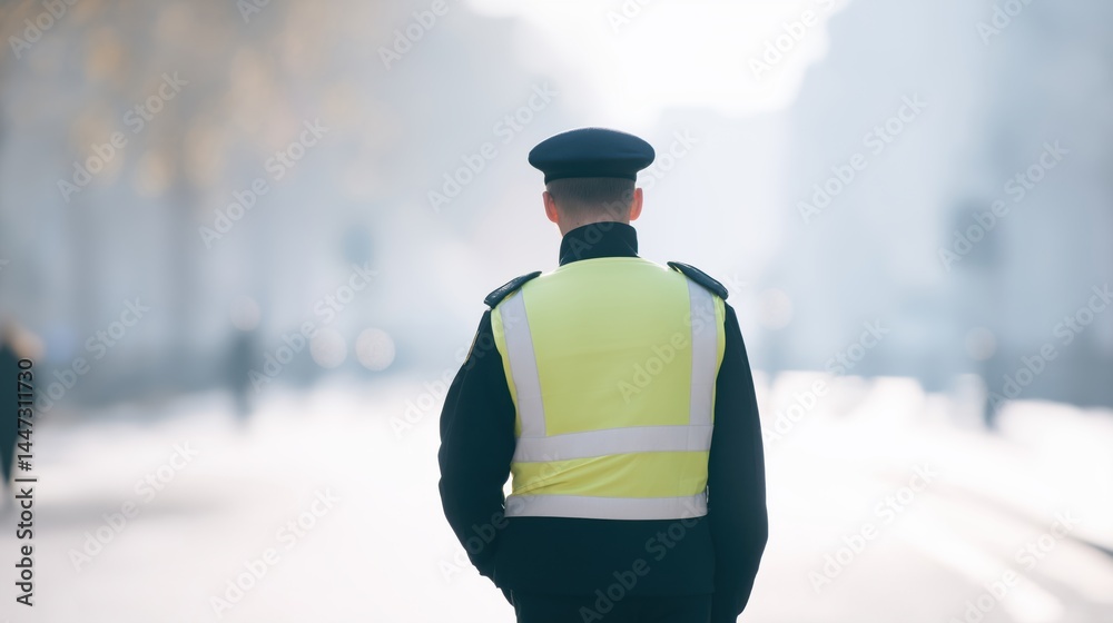 Police officer walking in urban street during early morning light in a quiet city setting.