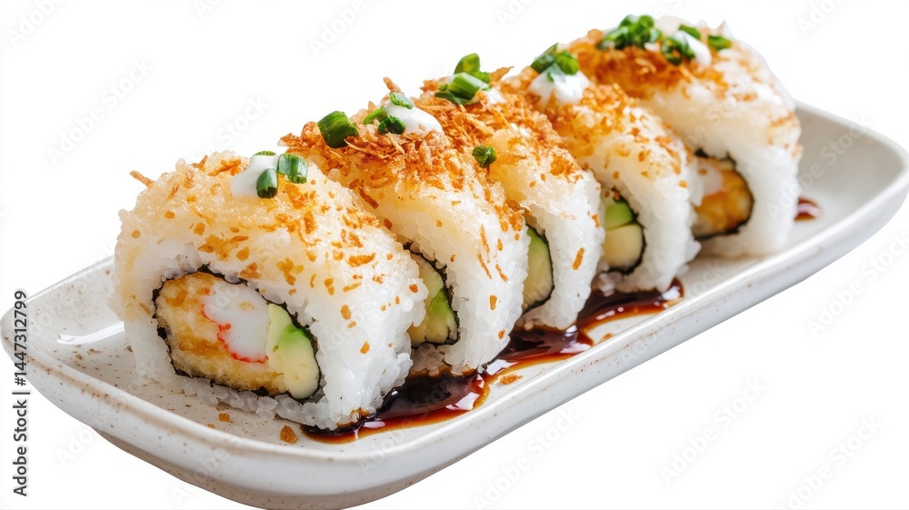 Delicious Tempura Sushi Roll with Avocado and Toppings on Plate sushi roll tempura avocado rice dish Delicious Tempura Sushi Roll with Avocado and Toppings on Plate sushi roll tempura avocado rice dish