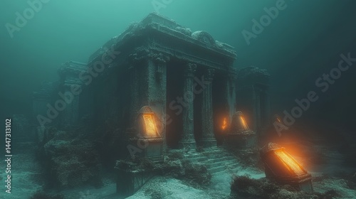 Sunken ruins of an ancient temple beneath murky water. photo