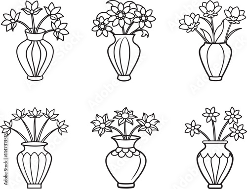 set of vase with flowers line art, black outline, vector and illustration, coloring book page line art drawing
