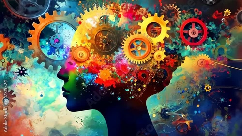 Vivid human mind: colorful gears and abstract creativity in motion