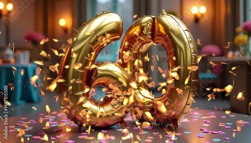 Celebratory golden 60 balloons with confetti in a festive setting  