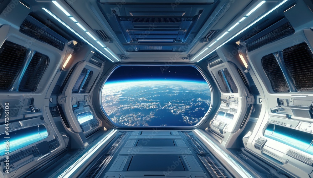 Futuristic Spaceship Corridor with Earth View Futuristic Spaceship Corridor with Earth View