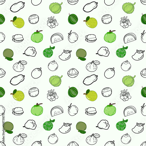 Fresh Green Tropical Fruit Pattern: Light and Airy Repeat Design Featuring Guava, Custard Apple, and Other Exotic Fruits with Delicate Line Work on a White Background