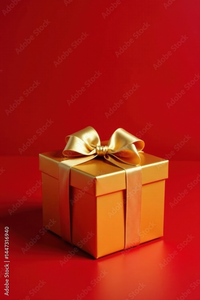 Fototapeta premium A Luxurious Gold Gift Box with a Shiny Ribbon on a Red Background, Perfect for Festive Celebrations and Special Occasions