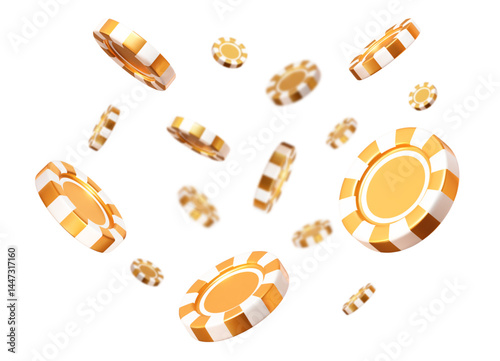 3d flying golden casino poker chips with different angles. Gold and white chips for betting and gambling games. Stock vector illustration on isolated background.	
