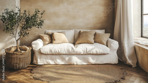 Cozy Living Room Featuring Neutral Tones and Natural Textures