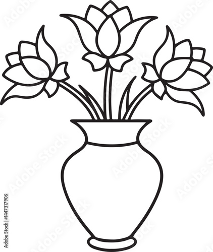 vase with flowers line art, black outline, vector and illustration, coloring book page line art drawing