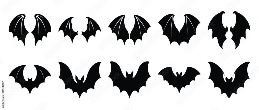 Fototapeta premium A Collection of Twelve Black Bat Silhouettes Halloween Decorations Vector Illustrations