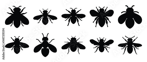 Collection of Various Bee Silhouettes Black and White Insects Icons