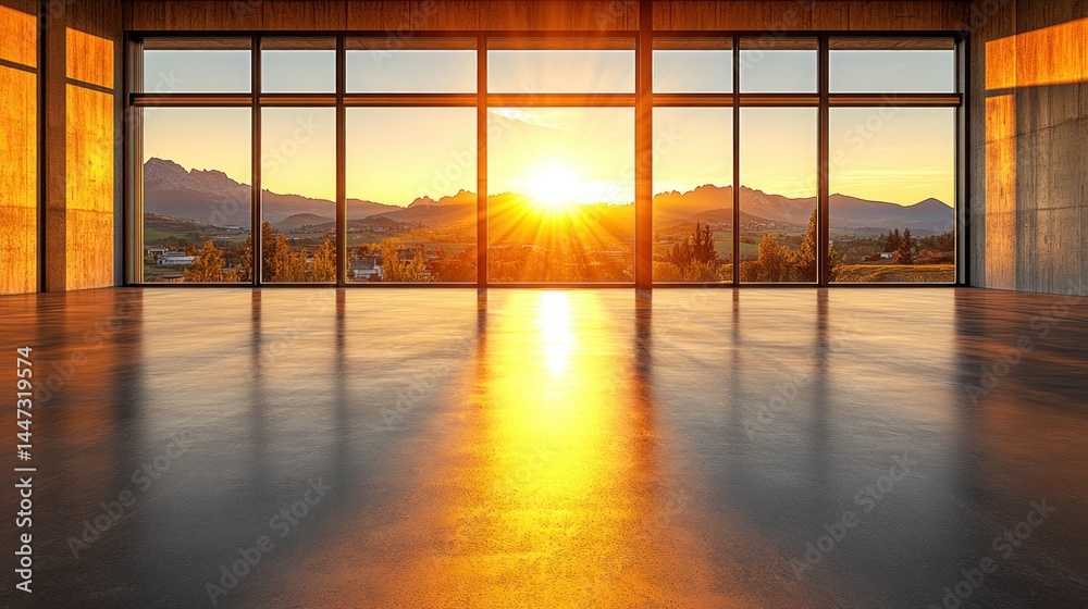 Fototapeta premium Sunset view from expansive modern building interior