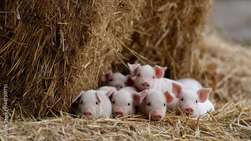 A group of adorable piglets nestled together among straw, showcasing their playful and innocent nature. Perfect for capturing the warm essence of farm life and animal companionship.