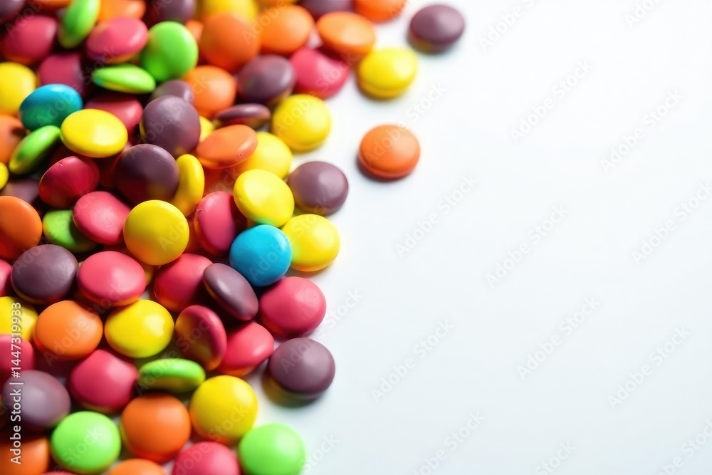 Pile of colorful candy and chips on white background, delicious, processed food Pile of colorful candy and chips on white background, delicious, processed food