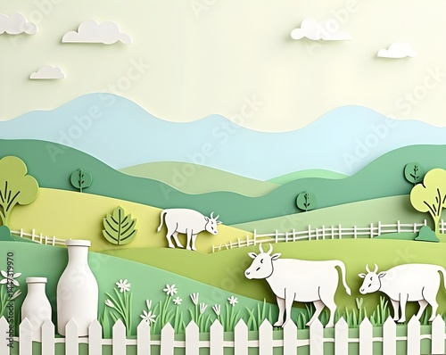 Layered paper art of cows, milk bottles, and hills in serene countryside scene