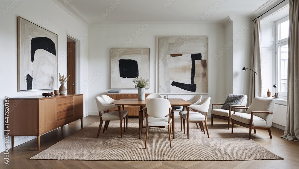 Fototapeta premium Modern Dining Room with Wood Furniture and Contemporary Artwork Adorning the Walls