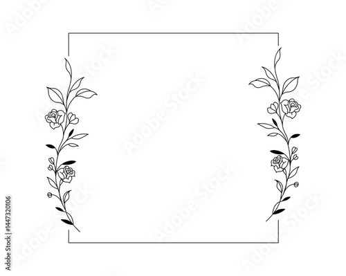 Floral and square hand drawn style. Floral black and white frame of twigs, leaves and flowers. Frames for the Valentine's day, wedding decor, logo and identity template.
