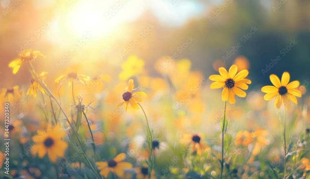 Fototapeta premium Golden Hour Meadow: A Symphony of Sunlit Yellow Flowers