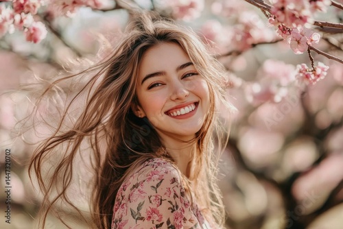 Smiling Woman Amongst Blooming Cherry Blossoms