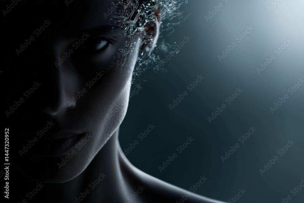 Creative representation of a person with digital elements merging into a thoughtful expression Creative representation of a person with digital elements merging into a thoughtful expression
