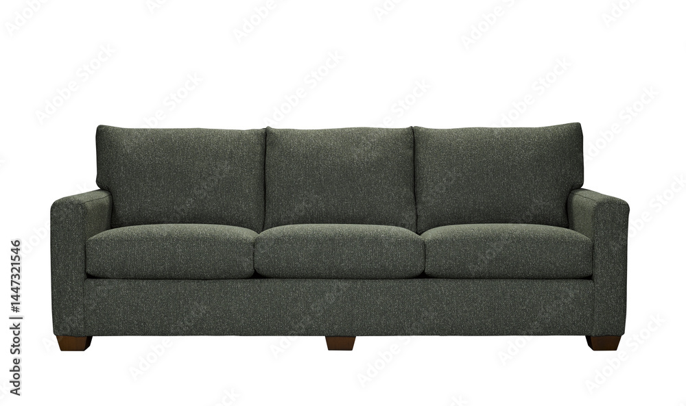 Obraz premium Comfortable three seater sofa in textured gray fabric isolated + clipping path. Furniture Collection. Please see some similar pictures from my portfolio.