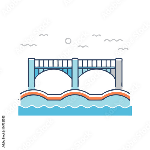 Bridge over Waterway Illustration Icon — Infrastructure, Transportation, Architecture Symbol